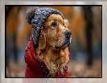 Kurtka, Golden retriever, Pies, Czapka, Czerwona